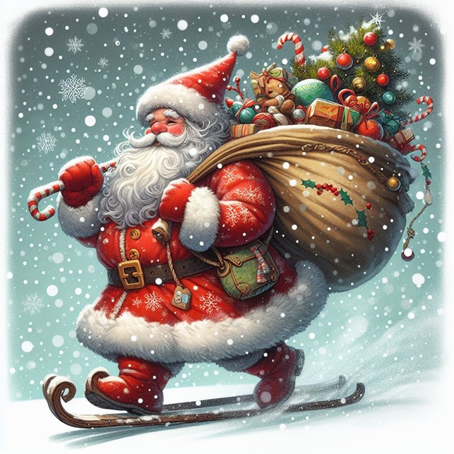 Joulupukki hiihtää lahjareppu selässään